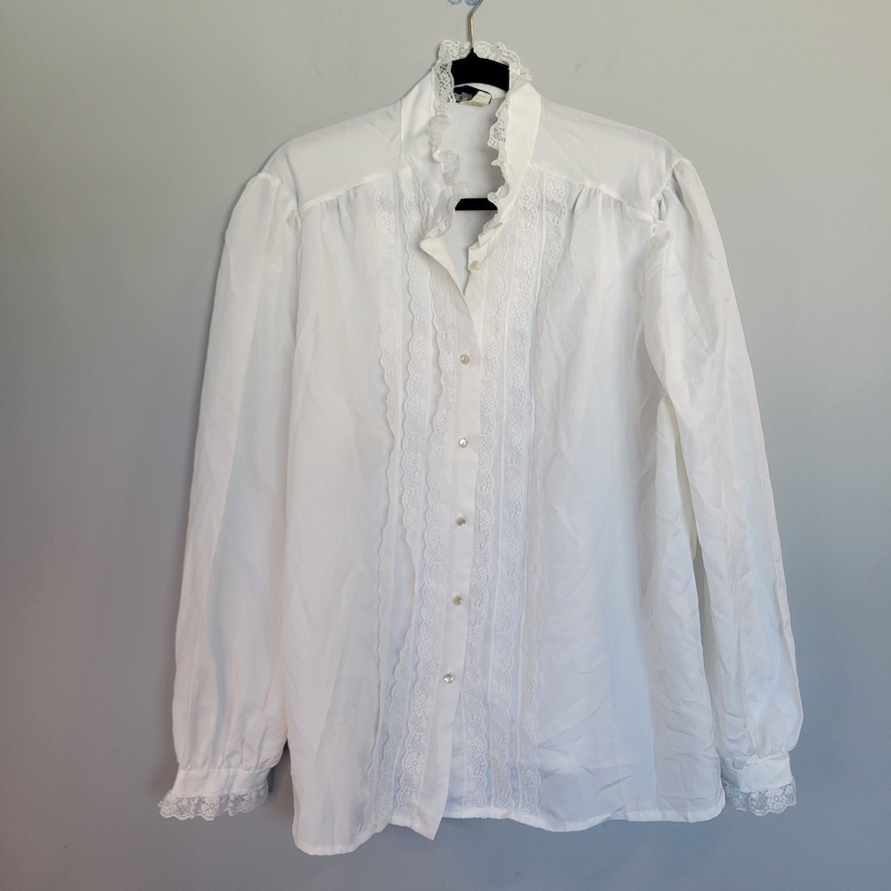 TS Reed Vintage White Lace Ruffle High Neck Blouse USA Made Size 42 Long Sleeve